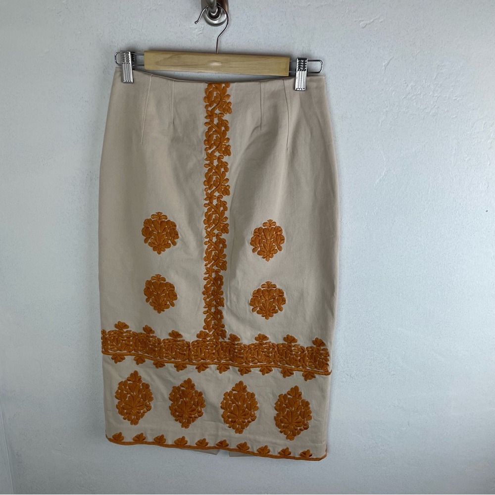 By Anthropologie Tan Skirt with Vibrant embroidery burnt Orange Details